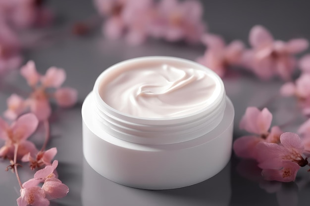 Un tarro de crema rosa con una flor rosa al fondo