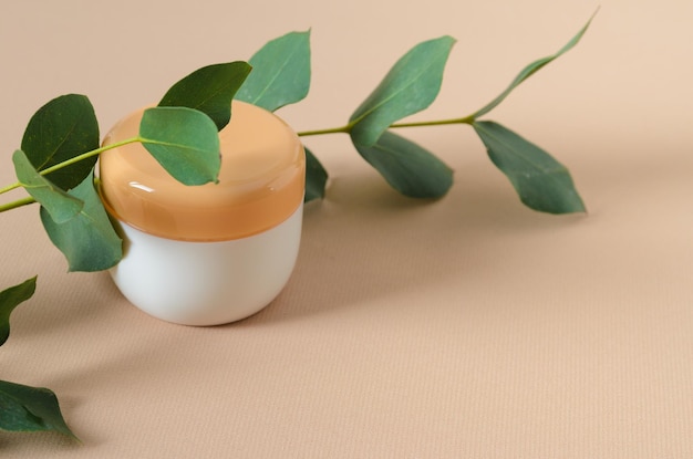 Un tarro de crema sobre un fondo beige con una ramita de hojas verdes