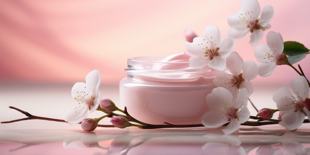 Un tarro de crema sobre un fondo floral rosa Lugar para un logotipo Foto de alta calidad AI generativa