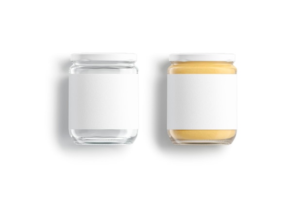 Foto tarro de cristal con etiqueta blanca y mantequilla de cacahuete. recipiente de conservación con goober. lata para cristalería.
