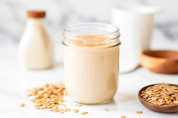 Tarro de cristal lleno de linaza dorada y leche de almendras.