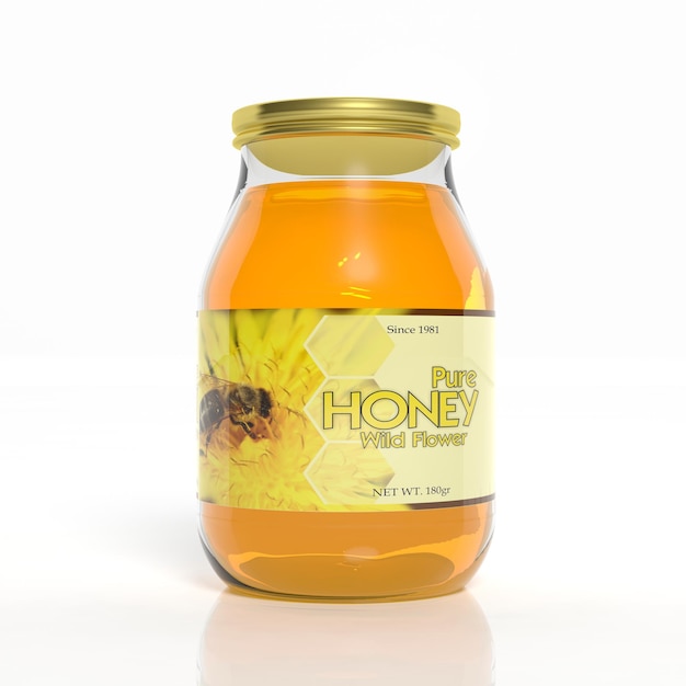 Tarro de cristal de miel 3D aislado en blanco