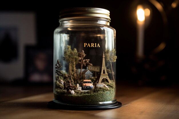 Tarro de cristal con miniatura de París y torre Eiffel de fondo