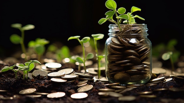 Tarro de cristal con monedas y un brote verde Crecimiento del ahorro IA generativa