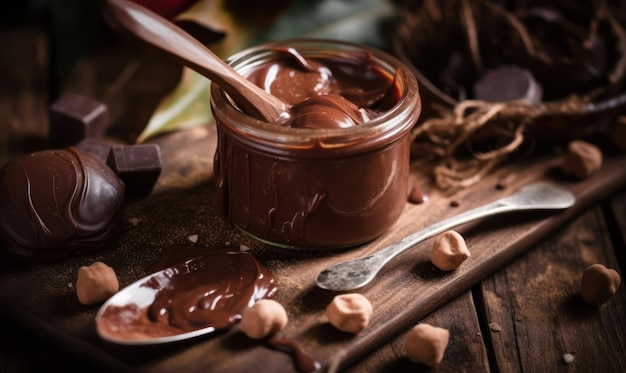 Un tarro de dulce de chocolate se sienta en una mesa de madera con una cuchara.