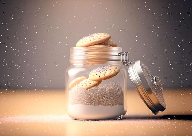 Tarro de galletas blanco lleno de destellos