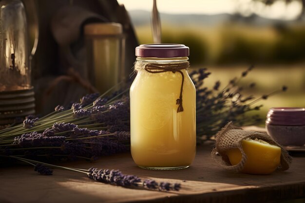 Un tarro de lavanda junto a un tarro de miel.