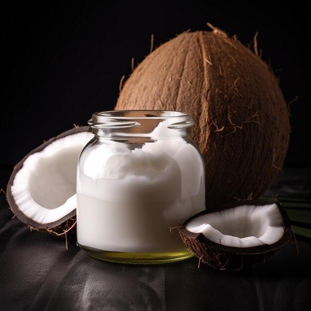 Un tarro de leche de coco junto a un coco.