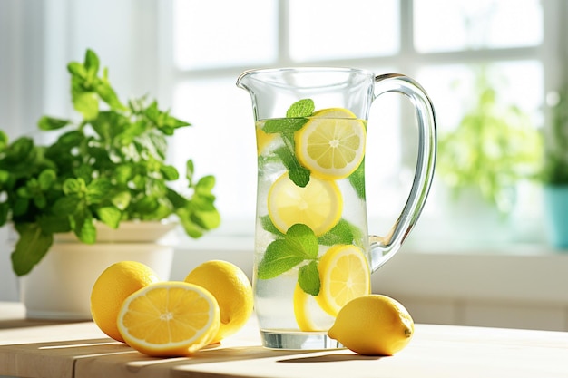 Tarro de limonada y limones frescos sobre la mesa