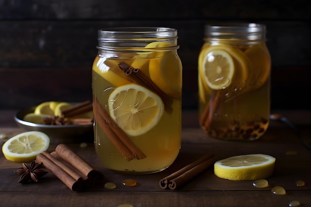 Un tarro de limonada con limones y palitos de canela sobre una mesa.