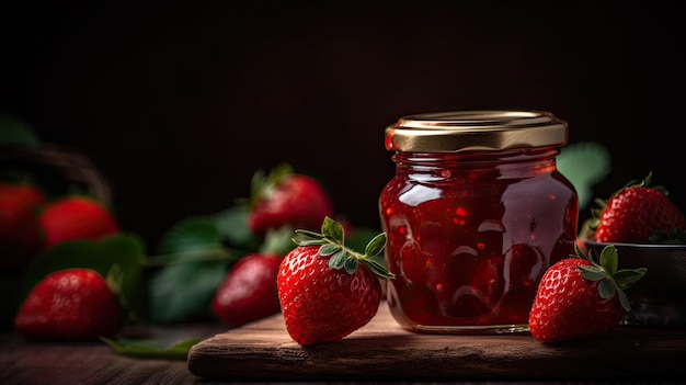 Un tarro de mermelada de fresa junto a dos fresas en una tabla de madera