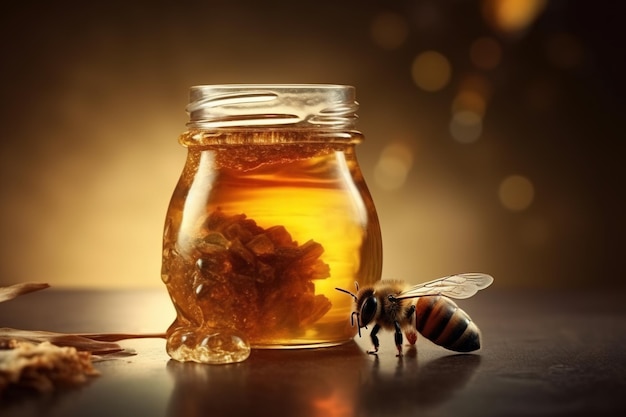 Un tarro de miel con una abeja encima