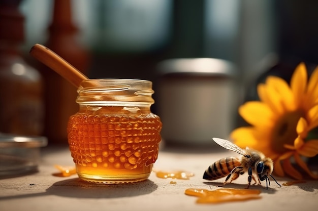 Un tarro de miel con una abeja de miel junto a un panal de miel.