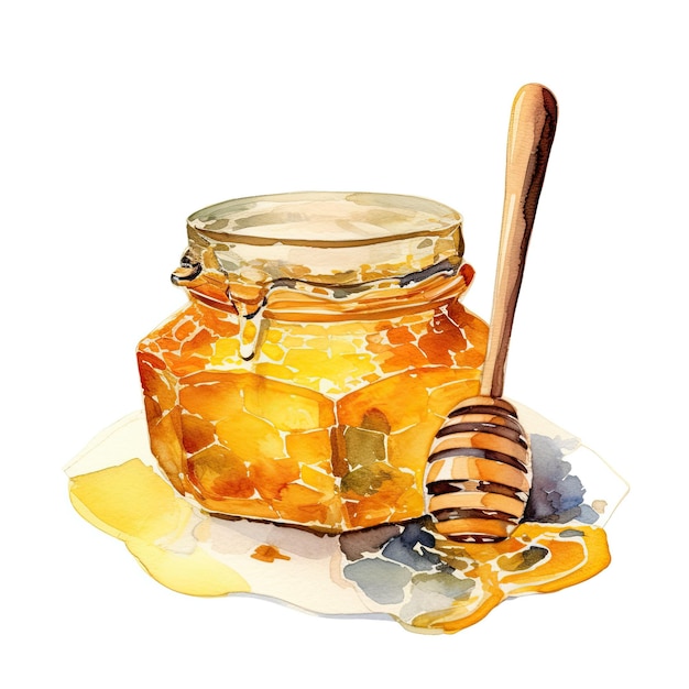 Tarro de miel de acuarela con cuchara Ilustración AI GenerativexA