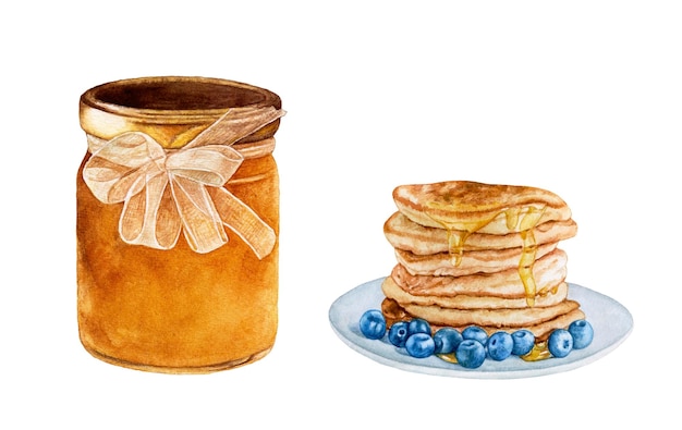Foto tarro de miel acuarela, tortitas con miel y arándanos en un plato aislado sobre fondo blanco.