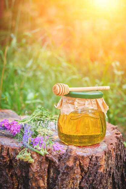 Tarro de miel y cuchara para miel en el bosque en tocón con flores de pradera