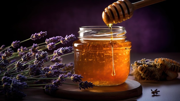 Tarro de miel con flor de lavanda fresca