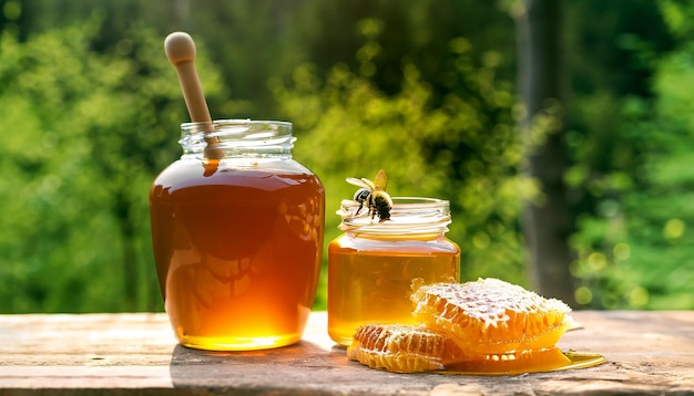 Tarro de miel en el fondo del bosque con algunas abejas