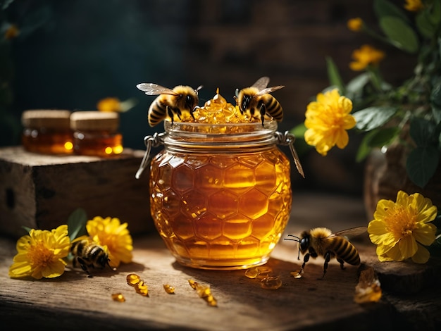 Tarro de miel hecho a mano con abejas.