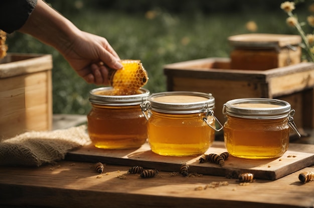 Tarro de miel hecho a mano con abejas.