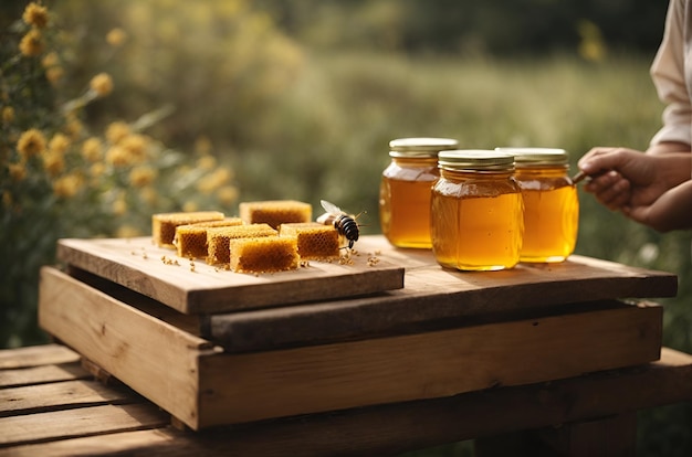 Tarro de miel hecho a mano con abejas.