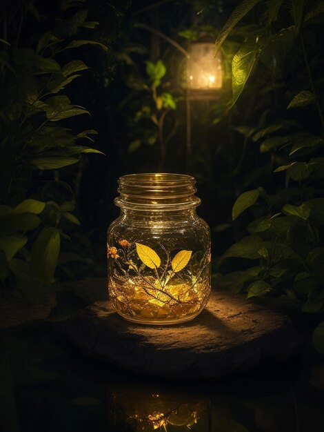 tarro de miel puesto sobre la mesa detrás de la noche de la jungla