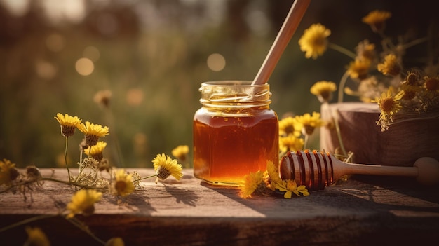 Un tarro de miel se sienta en una mesa con un ramo de flores en el fondo