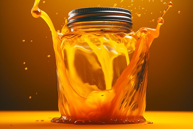 Un tarro de miel se vierte en un tarro de cristal.
