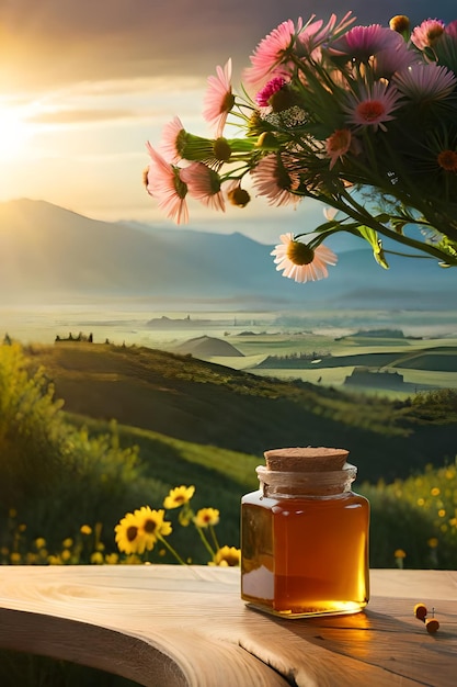 Un tarro de miel con vistas a un paisaje montañoso de fondo.