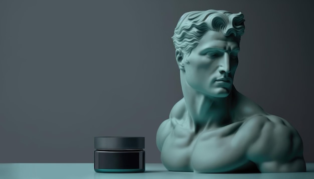 Tarro oscuro de un anuncio de producto cosmético masculino en un paquete oscuro con una escultura de hombre antiguo