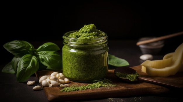 Un tarro de pesto de albahaca se asienta sobre una tabla de cortar de madera con un cuchillo y un plato de queso.