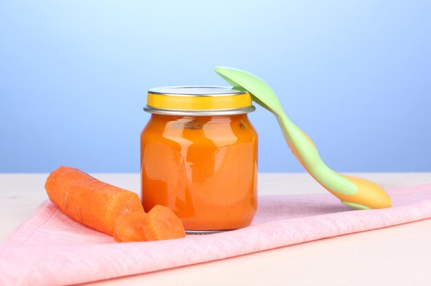 Tarro de puré de bebé con cuchara en servilleta sobre fondo azul.