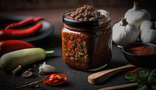 Un tarro de salsa de pimiento rojo con una cuchara de madera al lado.