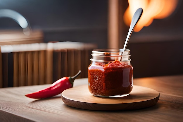 Un tarro de salsa roja con una cuchara al lado