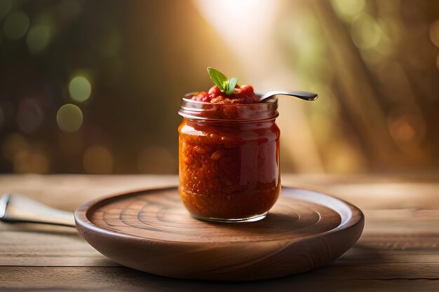 Un tarro de salsa de tomate con una cuchara en un plato de madera.