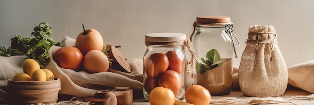 Un tarro de tomates y otros alimentos en una mesa.