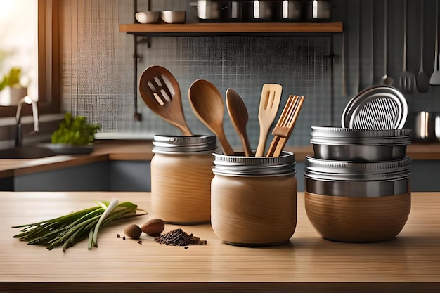 Un tarro de utensilios de cocina de madera en un mostrador de cocina.