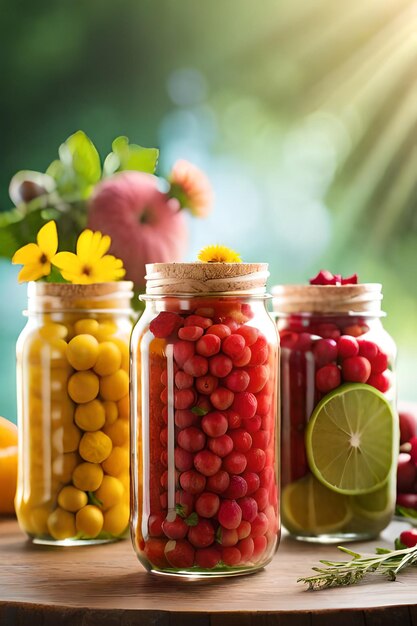 Tarros de frutas y verduras en una mesa