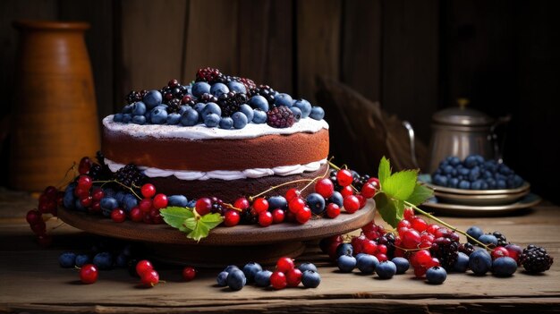 Tarta de arándanos casera en una mesa rústica de madera