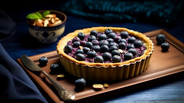 Una tarta de arándanos con nueces al lado