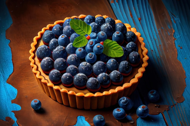 Tarta de arándanos sobre fondo de madera azul comida dulce