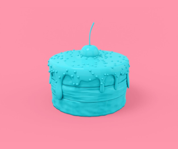 Tarta azul con una cereza encima sobre un fondo rosa. Objeto de diseño minimalista. Representación 3D.