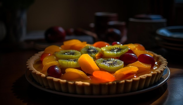 Tarta de bayas dulces en un plato de madera en el interior generada por IA