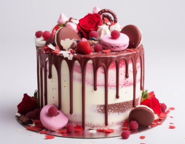 Tarta blanca con decoraciones florales y salpicadas una torta blanca decorada con rosas y rojas festivas