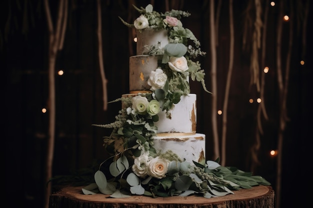 Tarta de boda blanca de tres niveles decorada con flores y hojas verdes de eucalipto