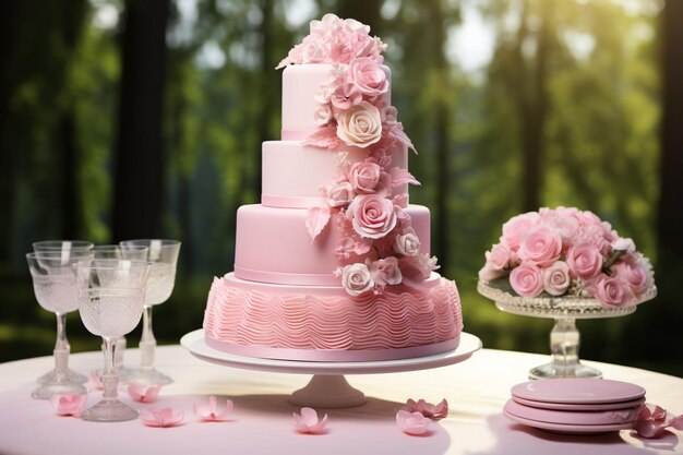 Tarta de boda de crema rosada decorada con rosas frescas