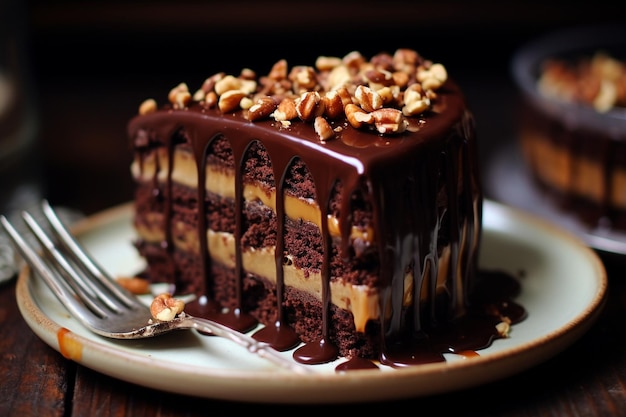 Tarta de brownie en rodajas con avellanas