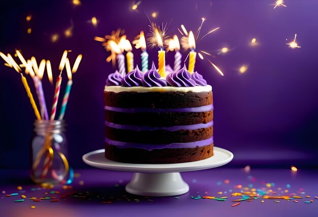 Foto tarta de celebración de cumpleaños púrpura con glaseado blanco