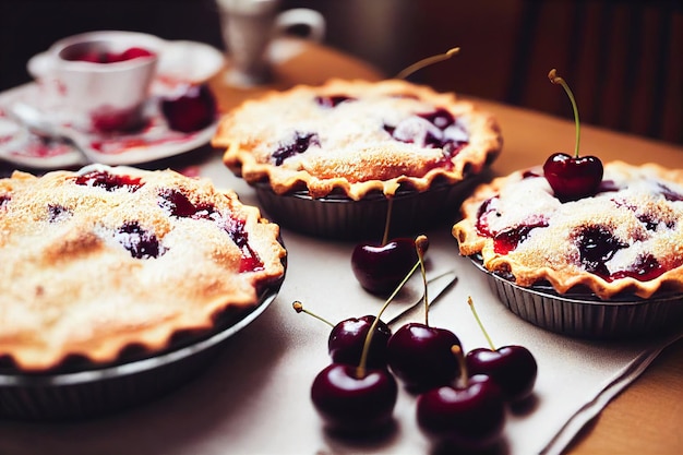 Tarta de cerezas con decoración de mimbre sobre deliciosa mermelada de cerezas enteras