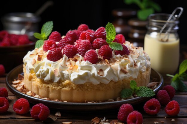 Tarta de chocolate blanco y deliciosas frambuesas generativa IA